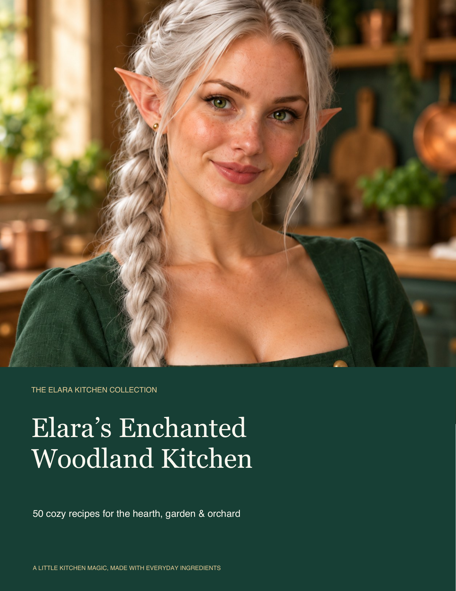 Elara, the silver-haired elf host, in her warm woodland kitchen
